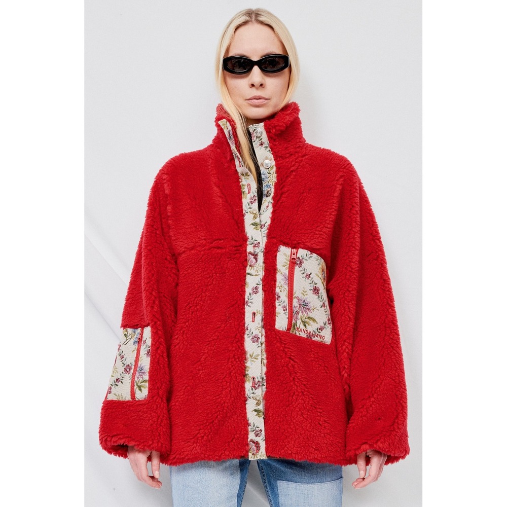Sandy Liang Boxbox Fleece Jacket Racing Red Floral Tapestry Trim Size Small